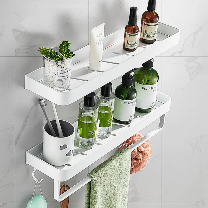 Tuqiu Bathroom Shelf Bath Shower Shelf Aluminum White Bathroom Shampoo Holder Corner shelf Wall Mounted Kitchen Storage holder