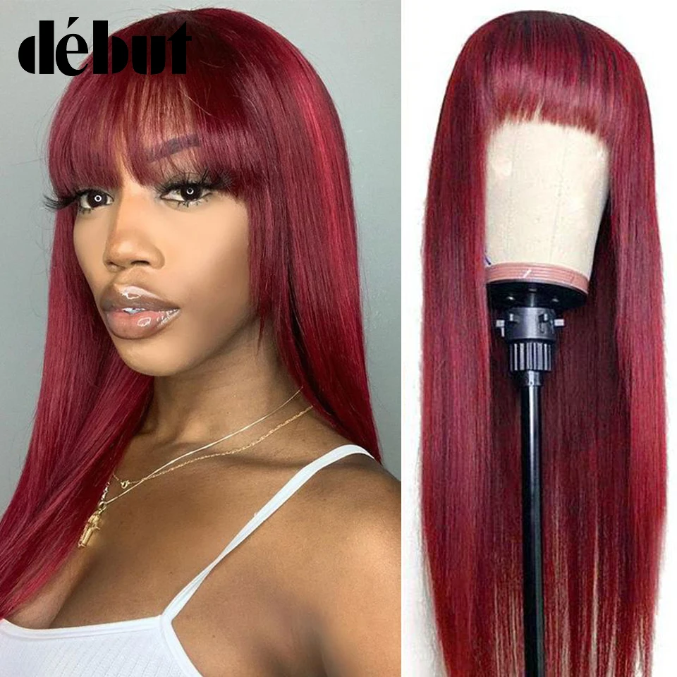 Debut Straight Human Hair Wigs With Bangs 99J Red Color Brazilian 100% Remy Human Hair Wigs Hair 28'' Cheap Full Wigs Free Ship