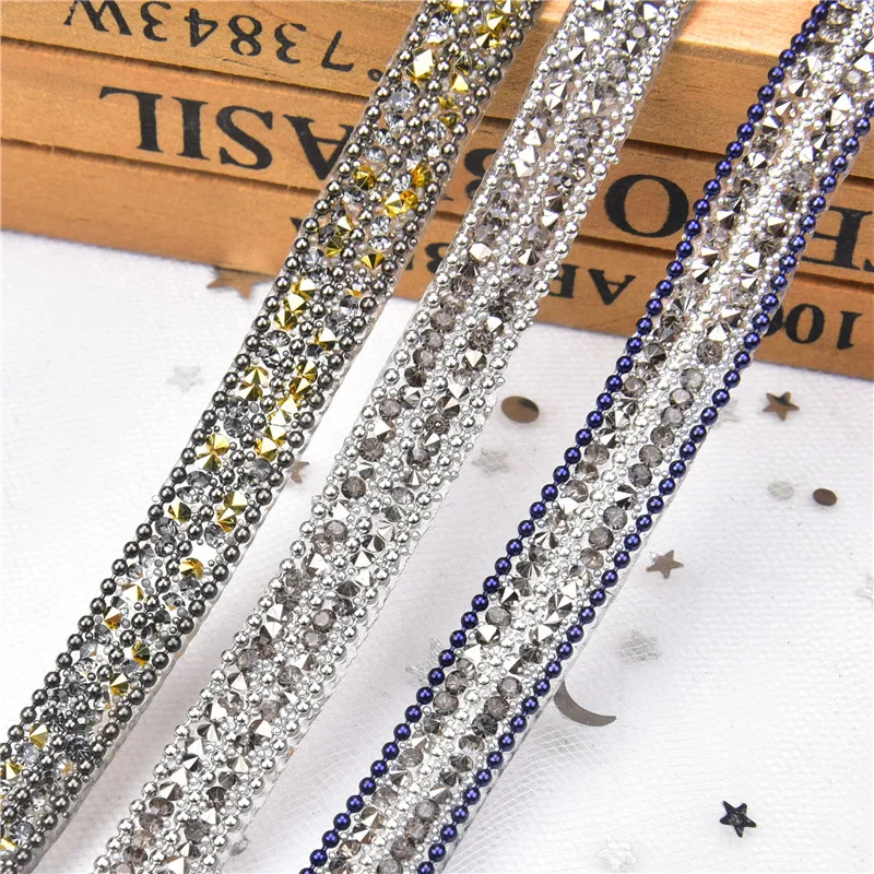 3 Row Beaded Diamond Chain Hotfix Rhinestones Tape Trims Decorative Sticker Dress Belt Jeans Edge Diy Adhesive Strip For Garment