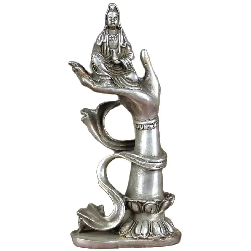 

China Old Feng Shui Ornaments Silver Plating Hand Of Buddha On Guanyin Statue