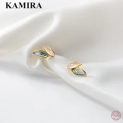 KAMIRA Real 925 Sterling Silver Simple Trendy Art Leaf Stud Earrings for Women Friendship Birthday Cute Elegant Jewelry Gift Hot