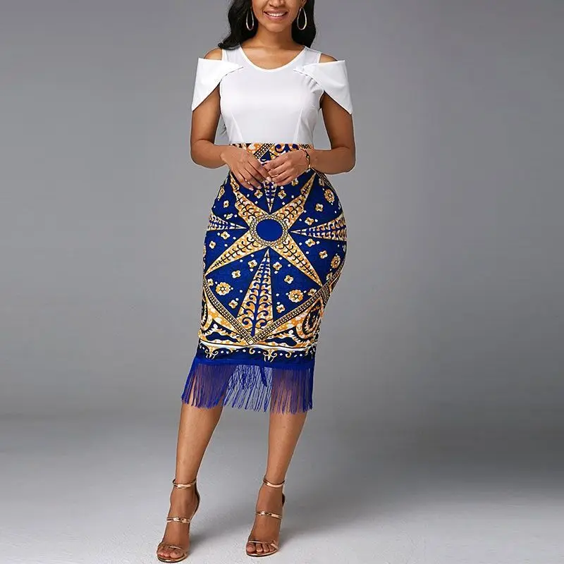 Women's African Dress Dashiki Ankara Style Retro Bazin High Waist Print Patchwork Tassel Women Elegant Catan Bag Skirt African