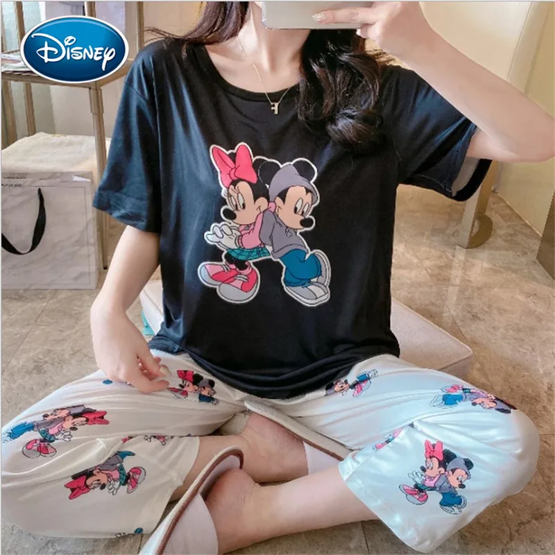 Disney Female Mickey Pajamas Short Sleeve Cropped Pants Summer Snow White Comic Print Fashion Student Home Service Suit