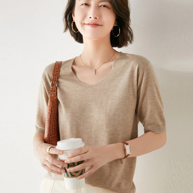 Summer V-neck Pullover cashmere sweater fashion Pullover Sweater knitted cashmere T-shirt short sleeve sweater