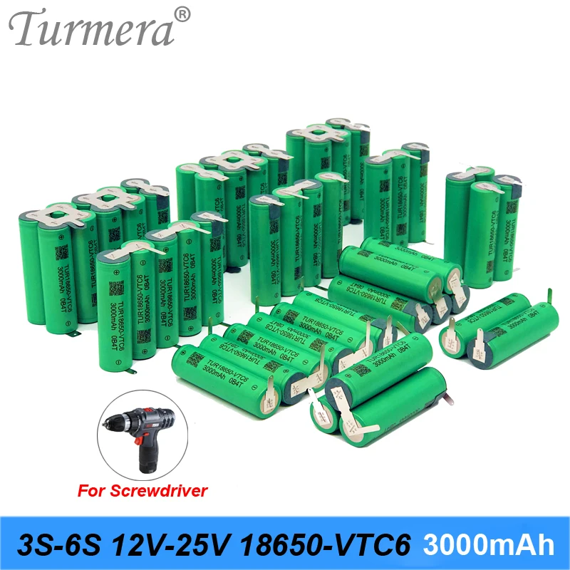 Turmera 3S 12.6V 4S 16.8V 5S 21V 6S 25V VTC6 Battery Pack TUR18650VTC6 3000mah Battery 30A for 18V Screwdriver Battery Customize