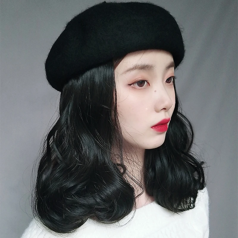 DIANQI Synthetic Hair Short Curly Hat Wigs For Women with Black Beret Naturally Connect False Hair Girl Party Hat Wig