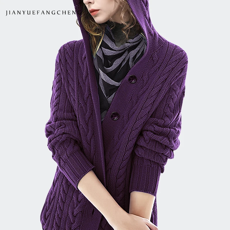 Fashion Women Hooded Purple Wool Sweater Outerwear Knitted Cardigan 2021 Autumn New Knit Tops Twisted Loose Casual Sweaters