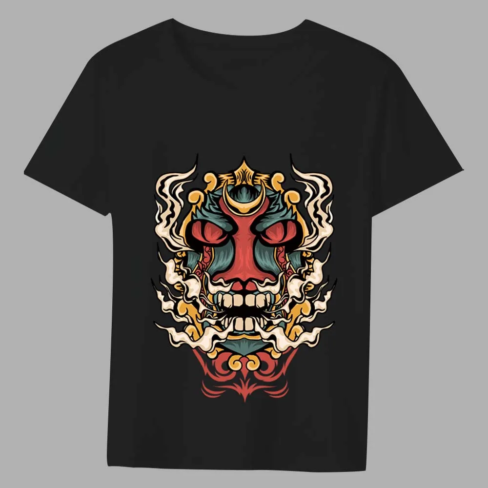 Men's Classic Trend T-shirt ese Comics Red Face Demon Print Series Casual Youth Men's Commuter Black O-neck All-match Shirt