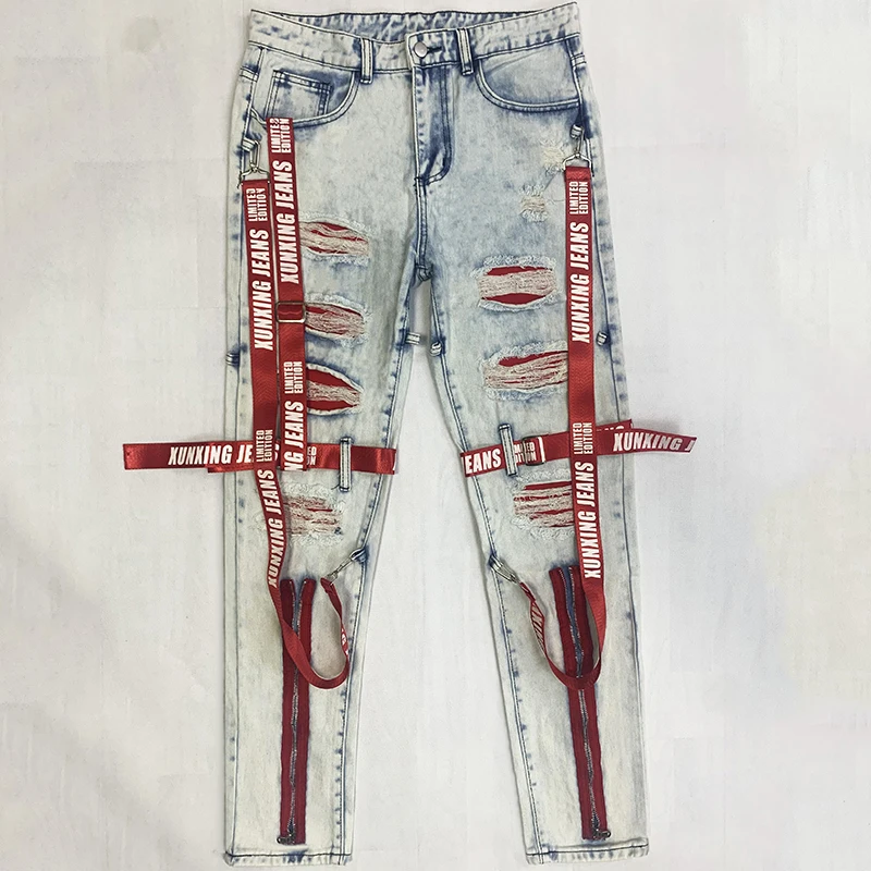 Celana jeans pria musim panas model longgar 2025, desain trendi gaya jalanan, celana lurus musim gugur, celana robek gaya motor untuk pria
