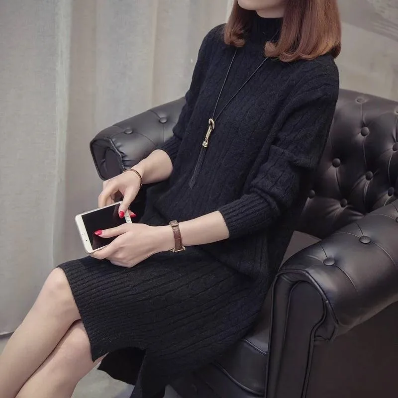 Mid-Length Knit Sweater Dress Women Winter 2022 Korean Streetwear Twist Base Dresses Half High Neck Elasticity Warm Dress Female