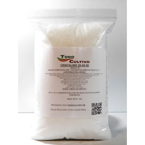 20-20 crystalline fertilizer, 1 kg container, is one of the richest Crystal fertilizers in macroelements, 100% soluble in water so it is indicated for drip irrigation or any other type of irrigation