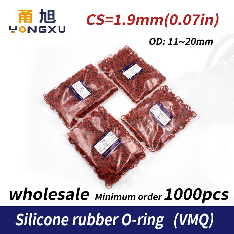 

1000PCS/lot Red Silicon O-ring Silicone/VMQ 1.9mm Thickness OD11/12/13/14/15/16/17/18/19/20mm O Ring Gasket Washer Seal Rubber