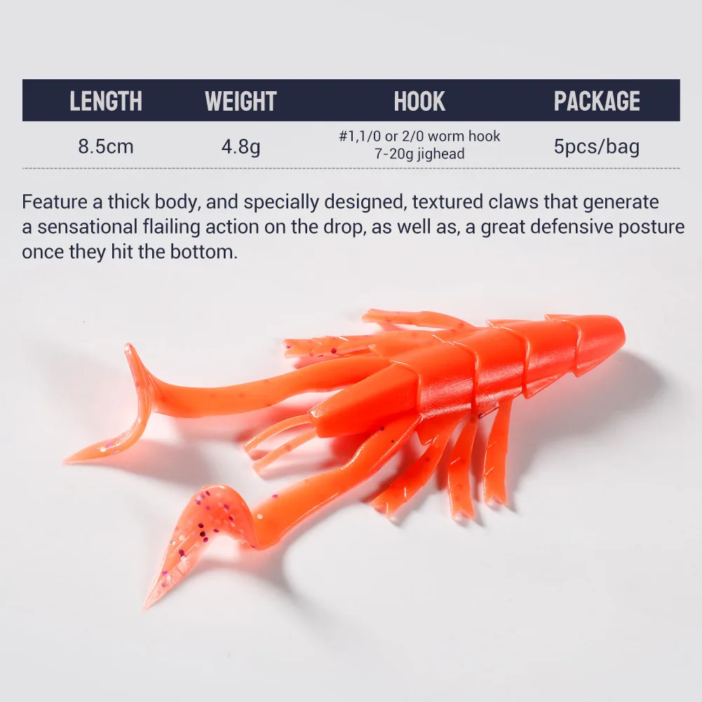 NOEBY 5488 Fishing Soft Lures 5Pcs 85mm 4.8g Bass Fishing Soft Silicone Baits Shrimp Shape Leurre Souple Wobbler Fishing Bait