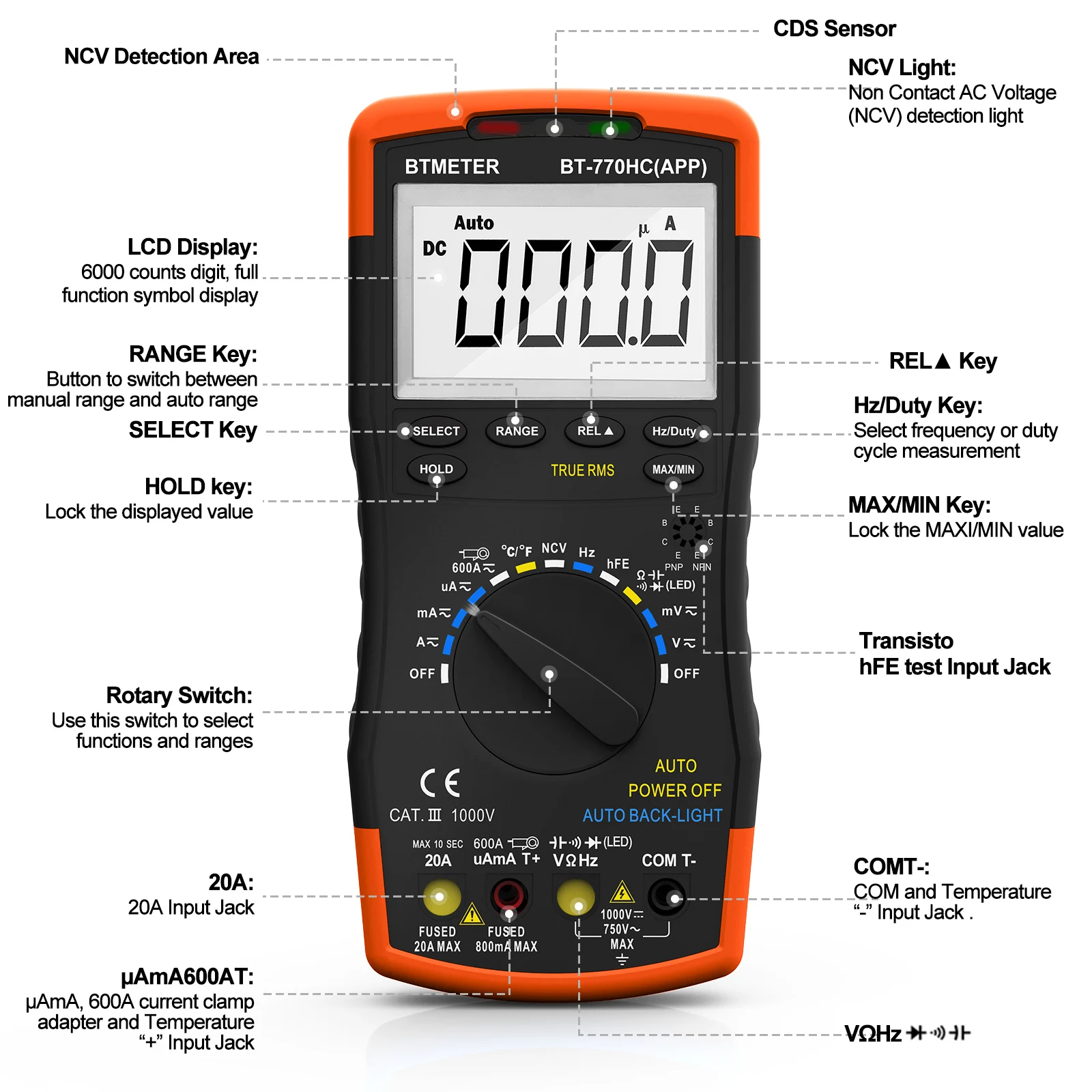 BTMETER BT-770HC-APP Multimetr cyfrowy True RMS 6000 zliczeń Automatyczny zakres napięcia AC/DC Prąd z aplikacją Bezprzewodowy Bluetooth