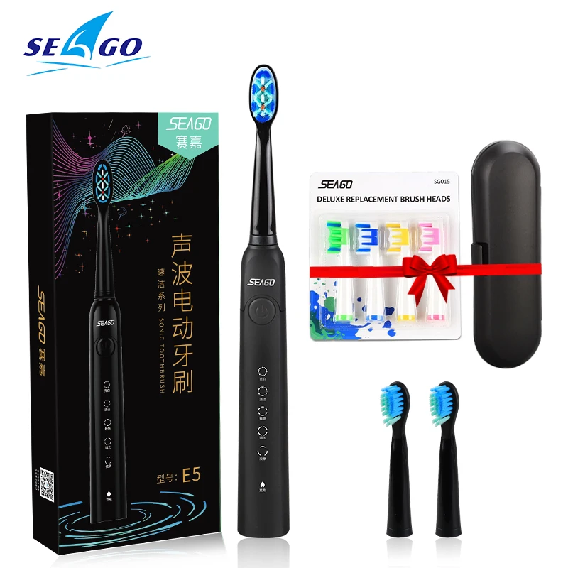 Seago Electric Toothbrush Rechargeable Sonic Toothbrush with Smart Timer 5 Modes Travel Toothbrush with 3 Brush Heads