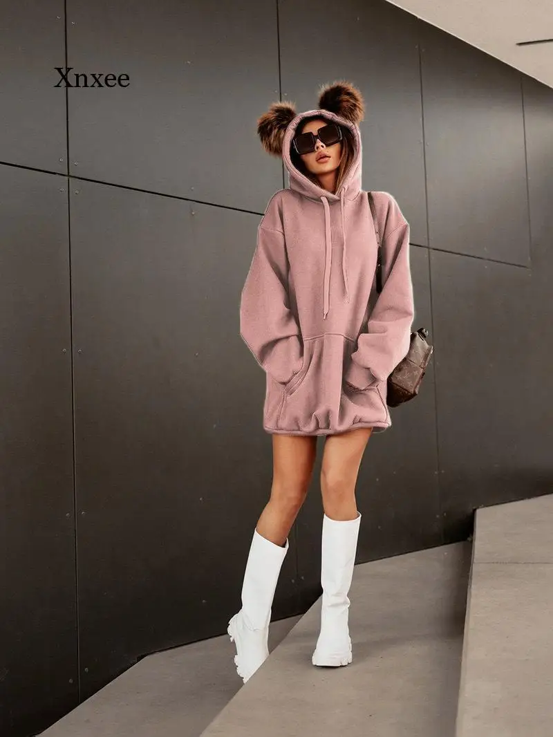 2021 Autumn and Winter Casual Panda Ears Fashion Hooded Sweater Dress Multicolor