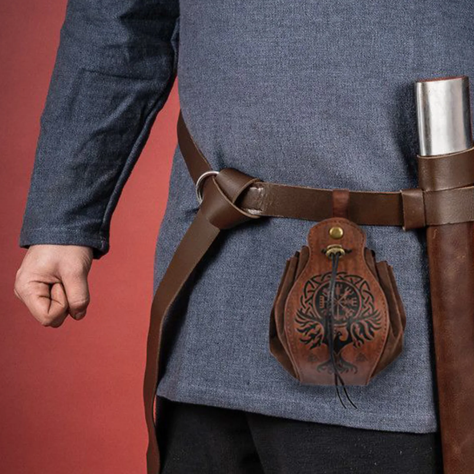 Bolsa de dinheiro vintage medieval para homens e mulheres, cinto de cintura, acessório do traje, saco de cordão de couro viking