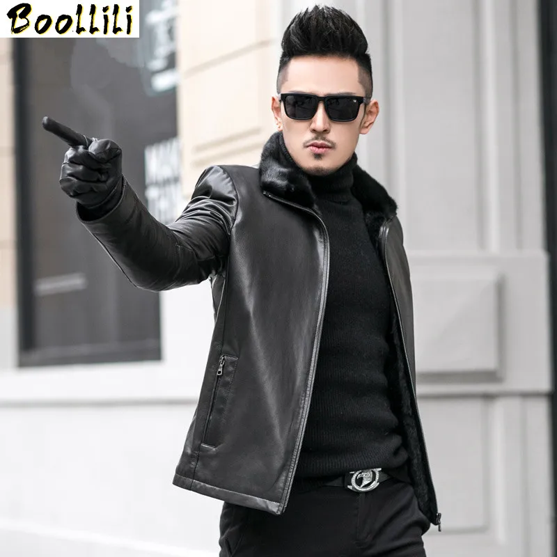 Real Sheepskin Boollili Leather Jackets Men Real Mink Fur Collar Coat Genuine Leather Jacekt Mens Coats