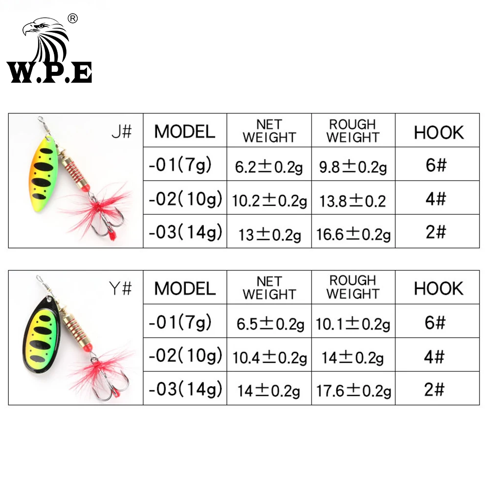 W.P.E New Spinner Lure 4pcs/lot 22 color 6.5g/10g/13.5g Hard Lure Spoon Fishing Lure with Treble Hook Metal Fishing Tackle Pesca