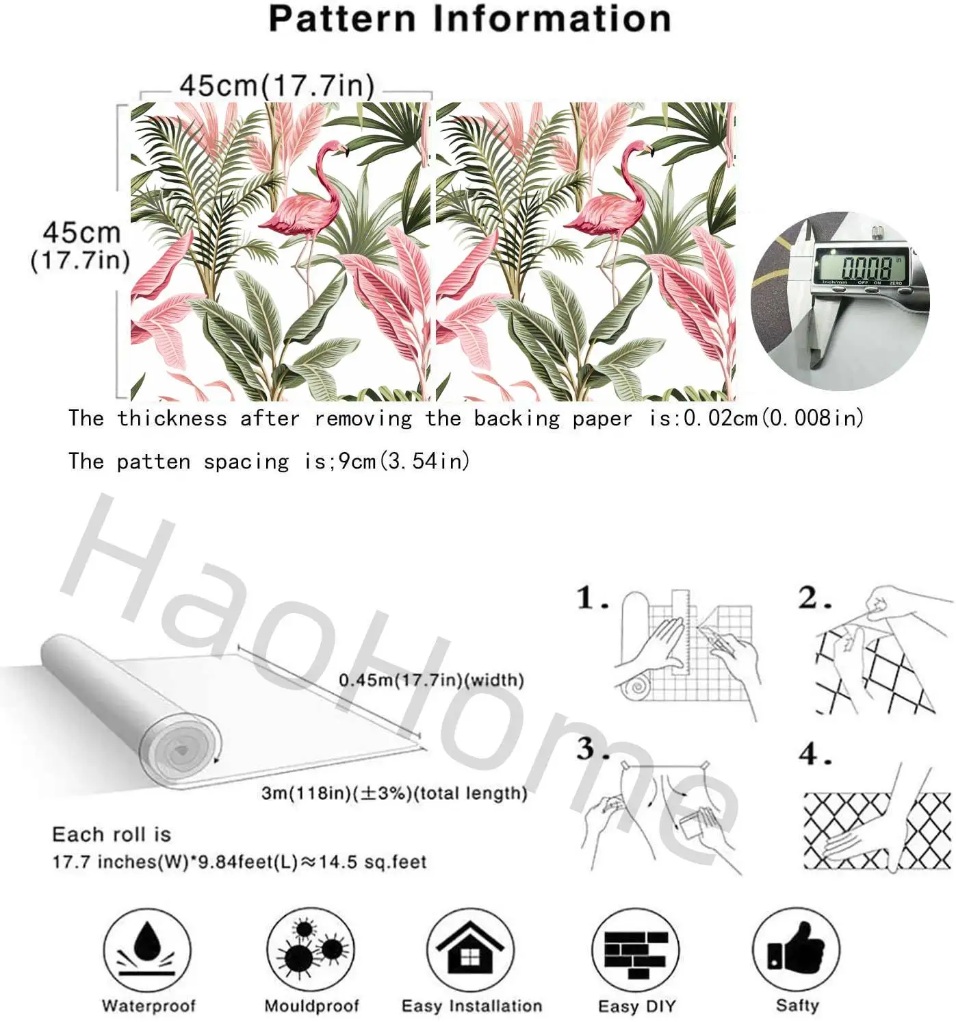 Watercolor Pink Flamingo Tropical Peel and Stick Wallpaper Removable Green Leaf Vinyl Self Adhesive Wallpaper for Wall Decor