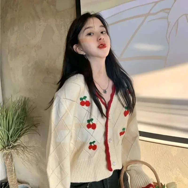 Cardigan Women Sweet Cropped Sweaters Cherry-printed Gentle Knitted Retro Korean Style All-match Fashion Outwear V-neck Feminine