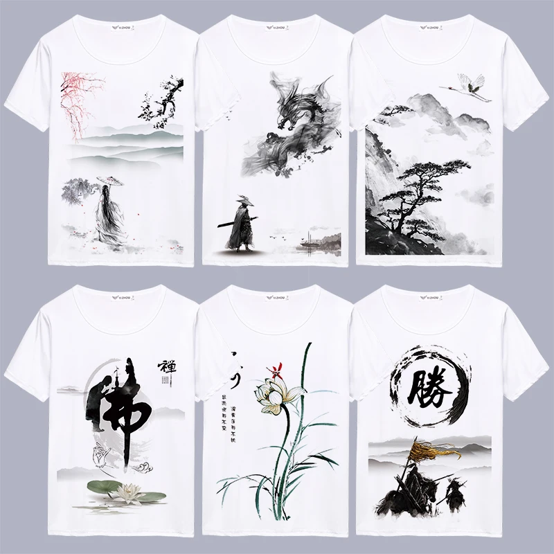 

Chinese Style Ink Painting Short Sleeve T-Shirt Couple Family Casual Joker Fashion Youth Tee Shirt Street Dress Top Kung Fu