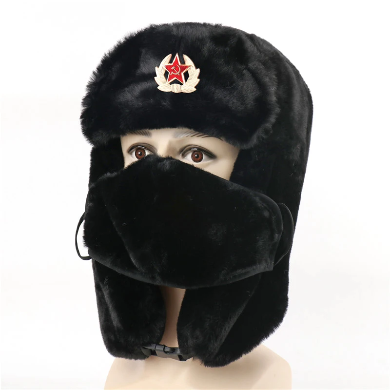 CAMOLAND Winter Thermal Faux Rabbit Fur Bomber Hats Women Men Soviet Army Military Badge Russia Hat Face Neck Earflap Snow Caps