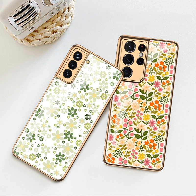 S21 Ultra Funda Case for Samsung Galaxy S21 Ultra S21 Plus Floral Patterned Tempered Glass Coque Protective Phone Case Cover