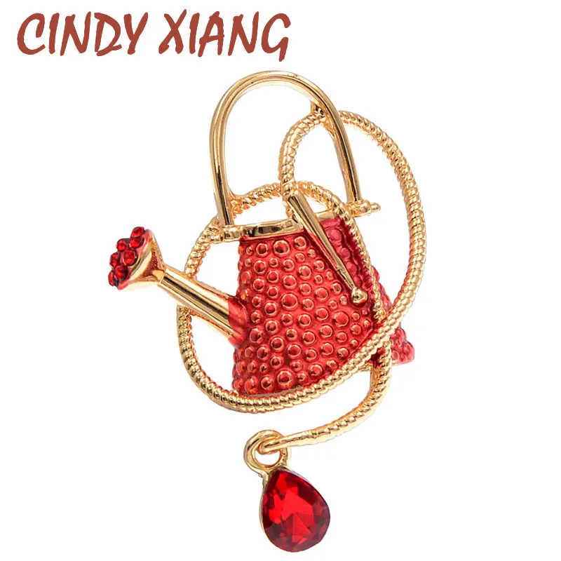 CINDY XIANG New Cartoon Enamel Red Green Metal Brooch Pin Vintage Water The Flowers Kettle Brooches Crystal Drop Pendant Pins