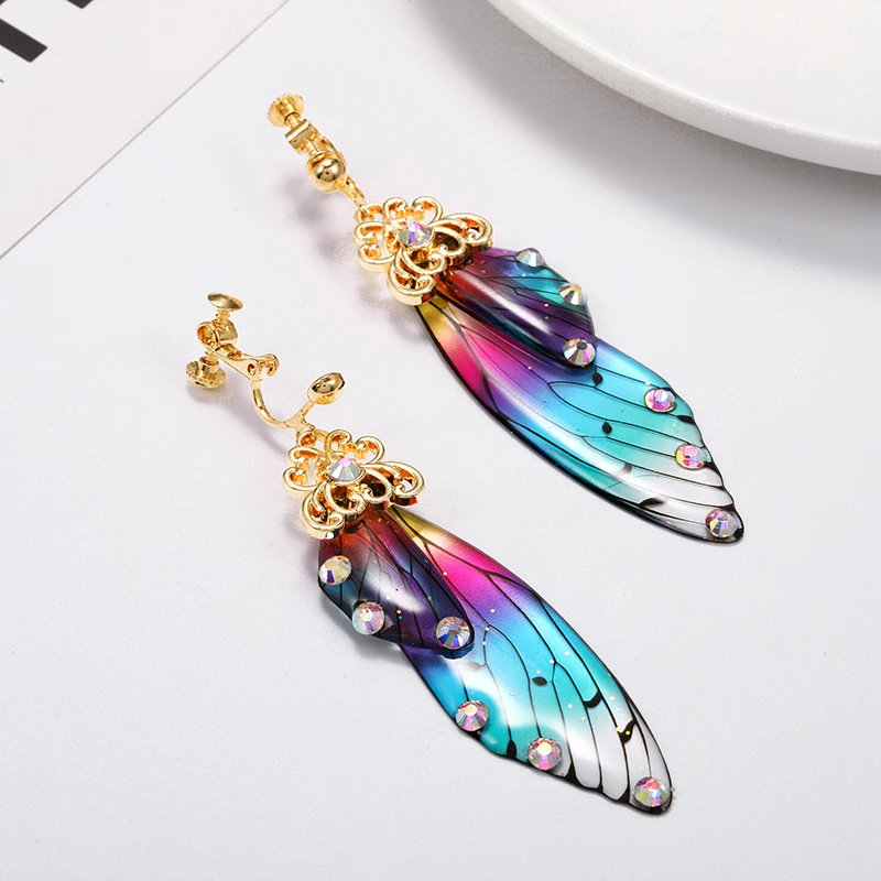 Handmade Fairy Simulation Wing Clip on Earrings Insect Butterfly Wing Non Pierced Rhinestone Ear Clips Romantic Bridal Jewelry