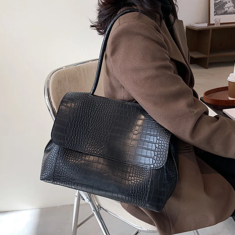 Bolsa padrão crocodilo para mulheres Bolsas de ombro de grande capacidade, bolsas casuais femininas, couro PU, bolsa mensageiro, designer