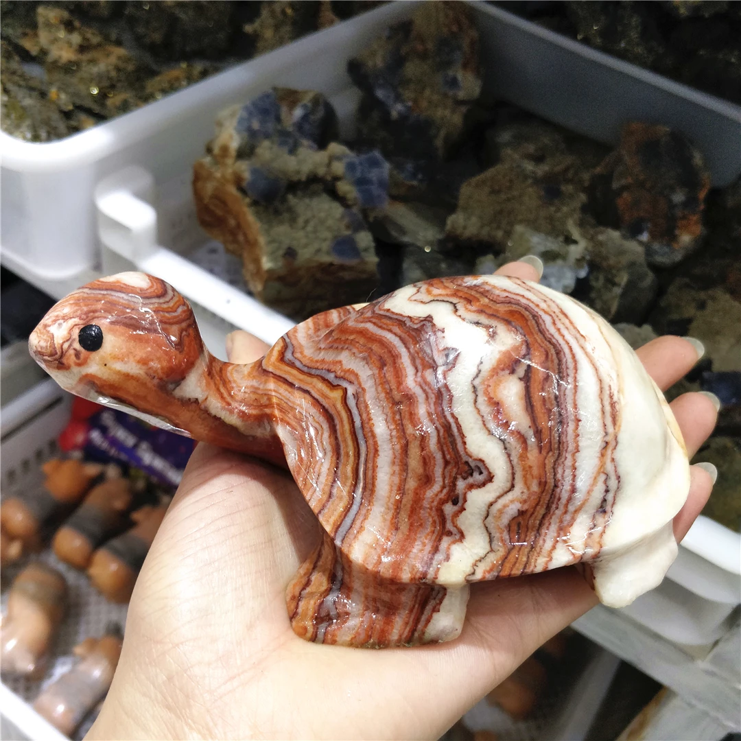 Natural Raw Streaky Pork Quartz Marbled Meat Crystals Carving Tortoise Ornaments Folk Crafts Figurine Stone Sculpture Decoration