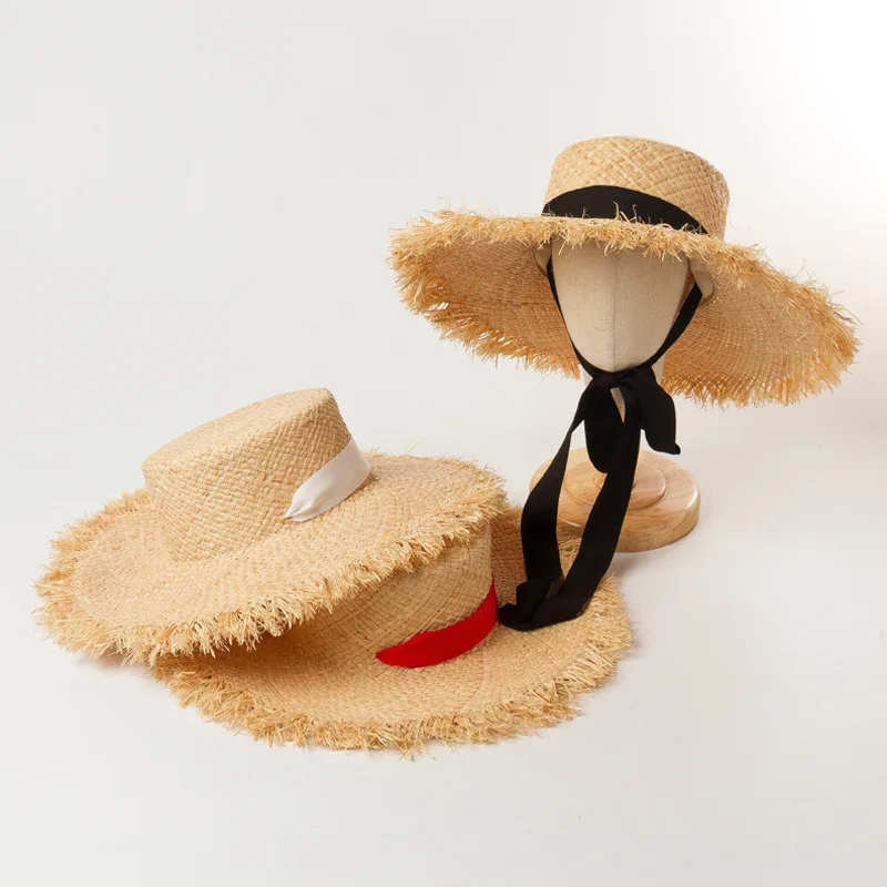 Women Raffia Straw hat  summer Sun Hats Fashion Ribbon Girl  52cm Kids  Wide brim  Uv Protection Ladies  Beach Hats