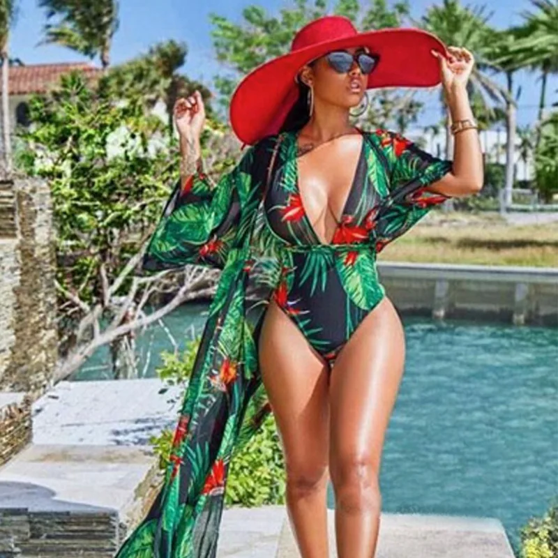 Women Sexy Leaf Floral  Print One Piece Swimsuit 2019 New Female Summer Beachwear Brazilian Bathing Suit Plus Size Monokini 4XL