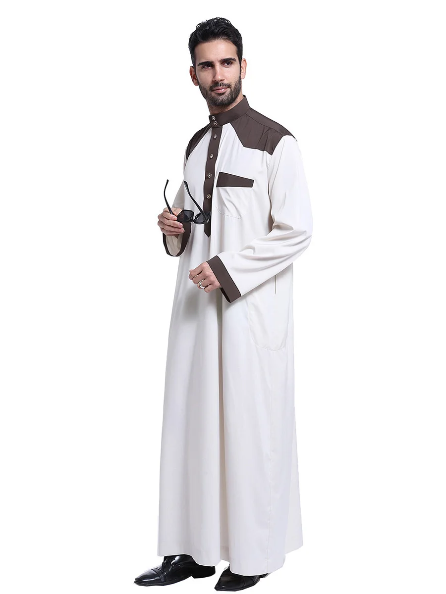 Nieuwe Moslim Marokkaanse Lange Mouwen Islamitische Mannen Splicing Effen Kleur Gewaad Arabische Kaftan Saudi Dubai Kleding