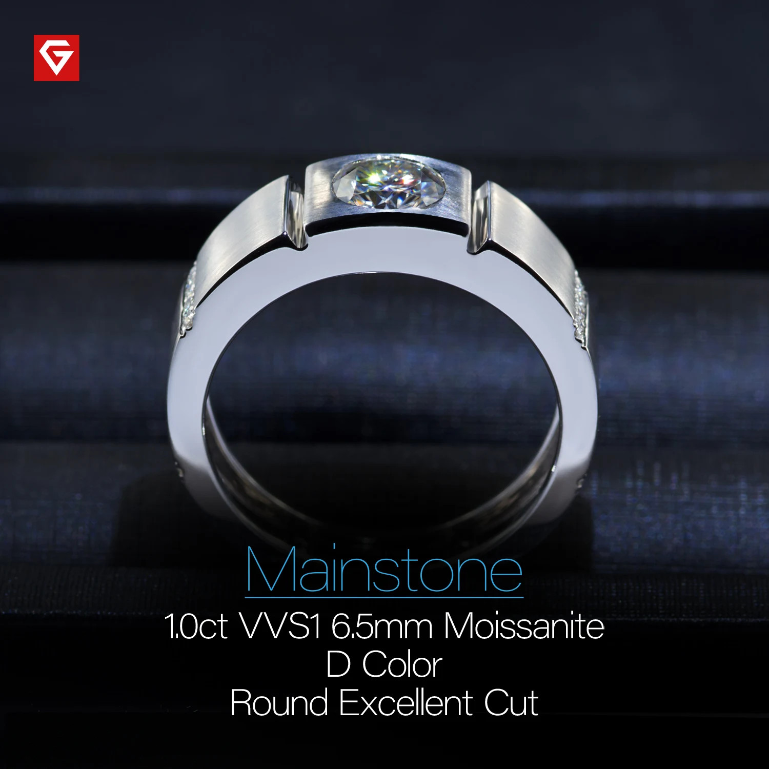 GIGAJEWE Mainstone 1.0ct 6.5mm D Color Moissanite Round Cut VVS1 18K White Gold Ring Jewelry Man Boyfriend Gift