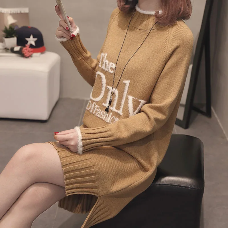 Mid-length Autumn Women Letter embroidery Knit Sweater Pullover Half Turtleneck Long Sleeve Irregular Hem Warm Jumper Sweater