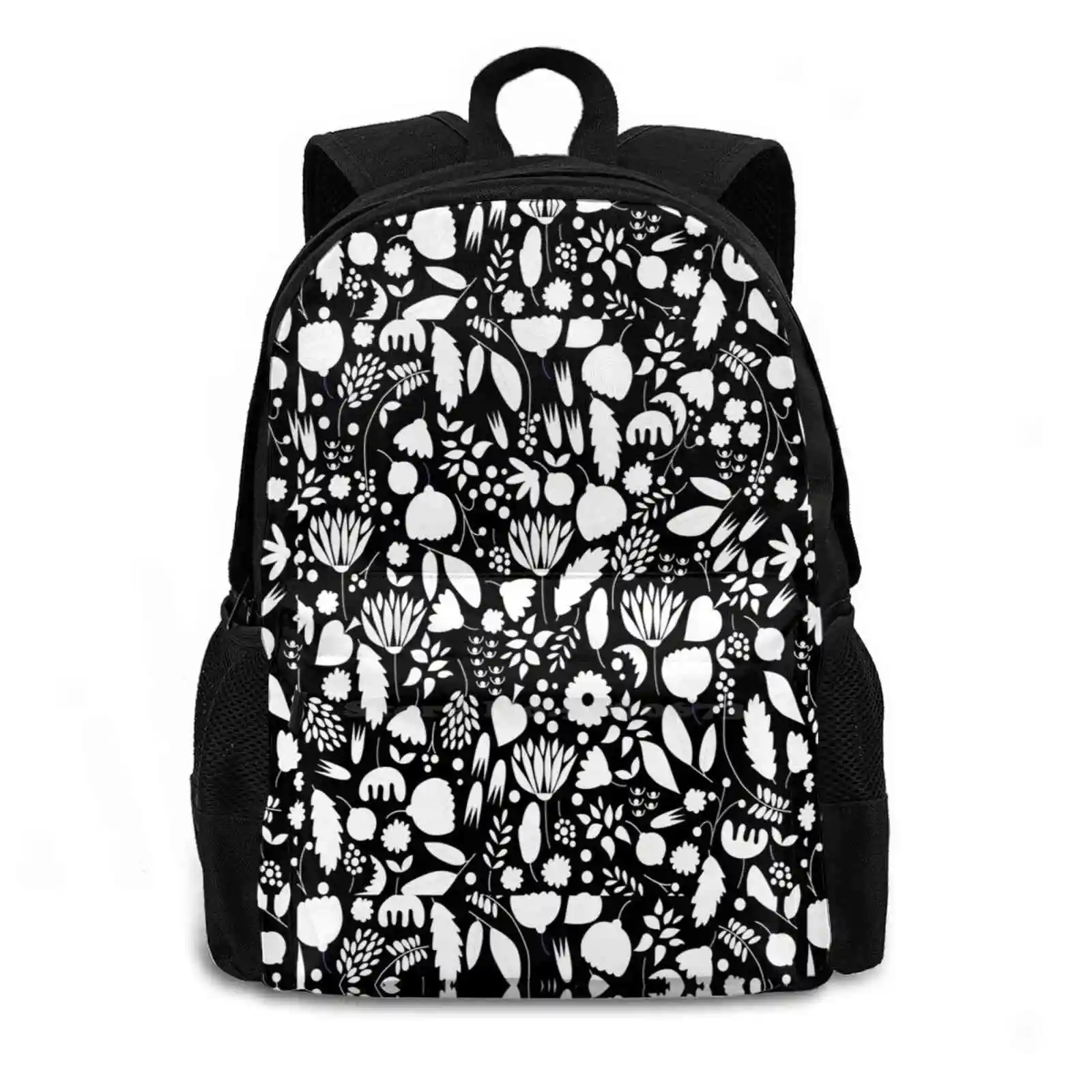 Black And White School Bags For Teenage Girls Laptop Travel Bags Floral Flower Hibiscus Bloom Tropical Pattern Patterns Petals