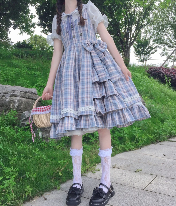 Sweet lolita dress vintage bowknot plaid jk uniform high waist princess victorian dress kawaii girl gothic lolita cosplay loli