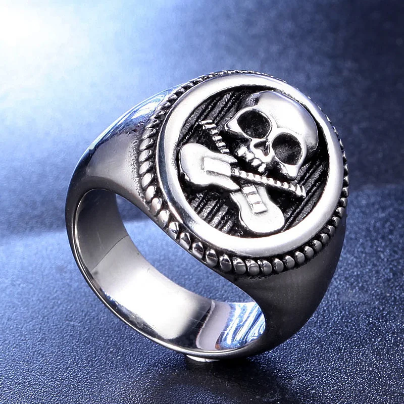 Cool Guitar Skull Ring Gold/Silver Color Stainless Steel Biker Skull Ring Men Punk Rock Signet Ring Jewelry Party Best Gift