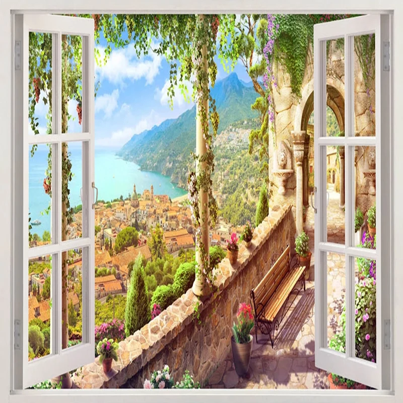 Papel tapiz fotográfico 3D estéreo ventana paisaje marino Ciudad Europea murales de paisaje sala de estar sofá TV Fondo pared decoración del hogar Póster