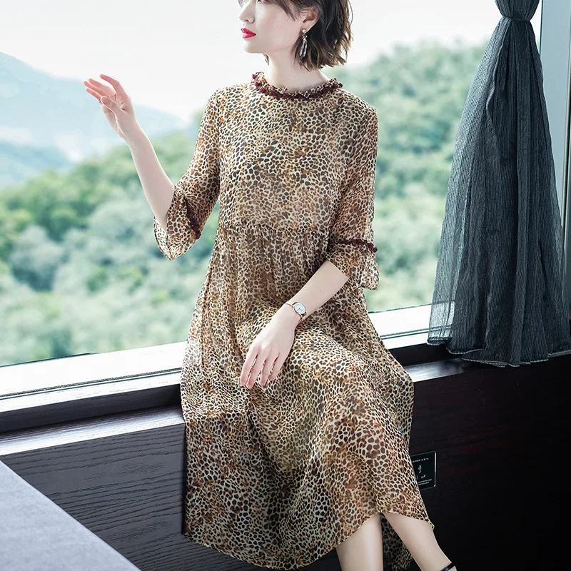 Women Dress Vintage Summer Long Elegant Real Silk Dresses Boho Beach Evening Party Dresses Loose Leopard Vestidos 46303