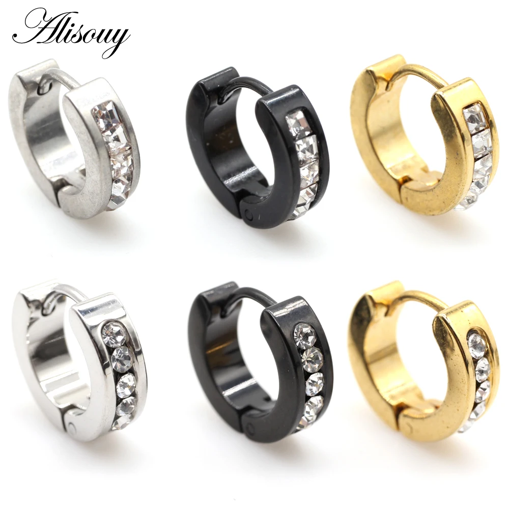 Alisouy 2pc Round Square Crystal Zircon Stainless Steel Women Men Huggies Circle Ear Buckle Hoop Earring Unisex Piercing Jewelry