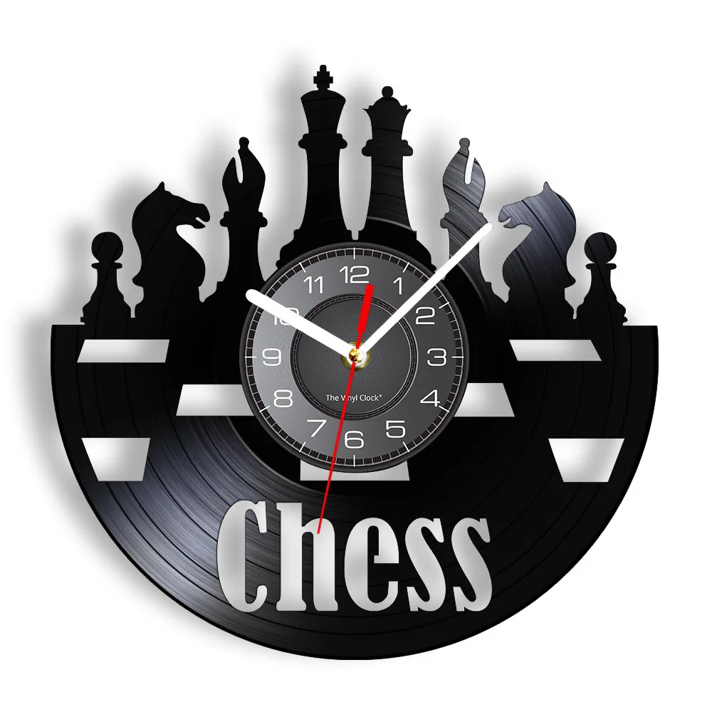 

Chess Pieces Vinyl Album Record Clock Black Board Game Wall Art Game Room Decor Timepieces Wall Hanging Silent Non Ticking Clock