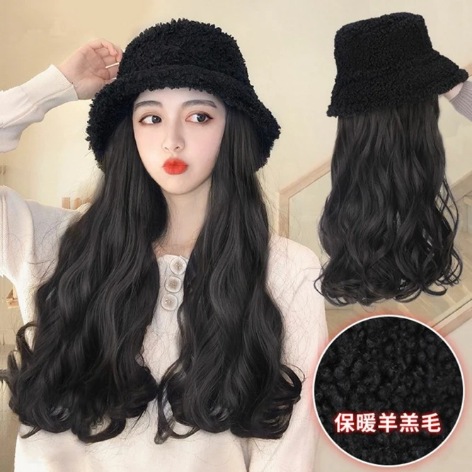 Lamb Wool Fisherman Hat Wig Hat Fashion Corn Hot Water Corrugated Long Curly Hair Female Hat Girl Decoration Black