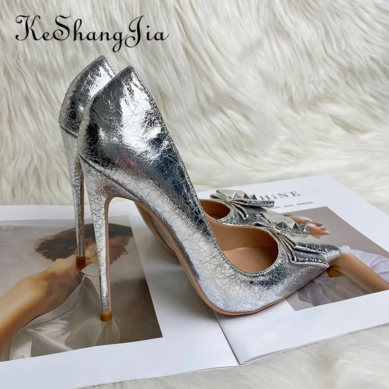 Keshangjia Ms silver bow rivet point 12 cm heel peep-toe heels design feeling party wedding heels 33 to 45 yards single shoes