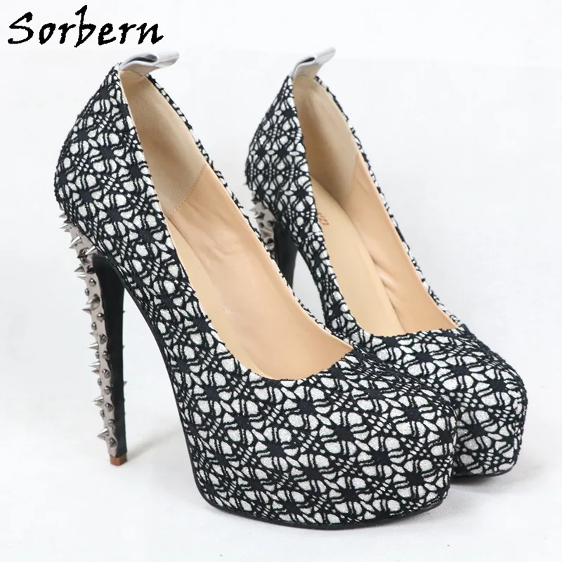 Sorbern Lace Rivet Women Pump Shoes High Heel Platform Slip On Ladies Heeled Plus Size 15 Women Heels Mature Style Lady Shoe