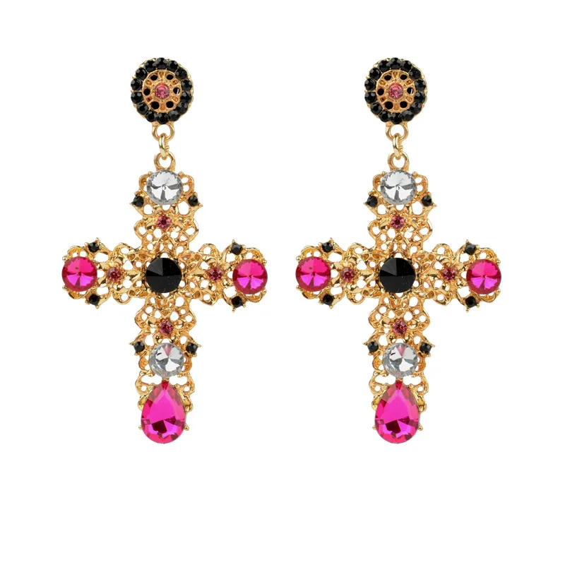 Baroque Luxury Gold color Crystals big Cross Drop Earring Pearl Flowers metal hollow long Earring Multicolor Large Hot Design