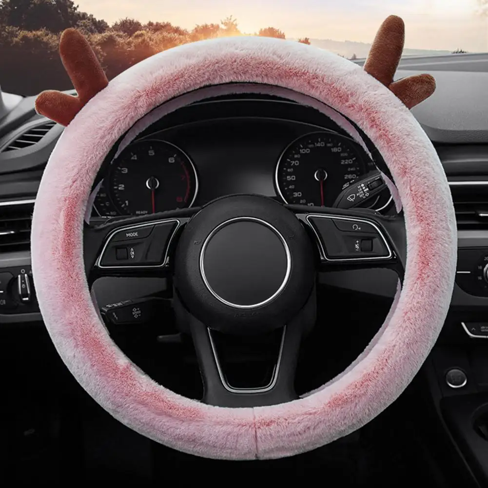 Steering Wheel Cover Furry Soft Touch Adorable Antlers Breathable Car Steering Wheel Cover for SUV