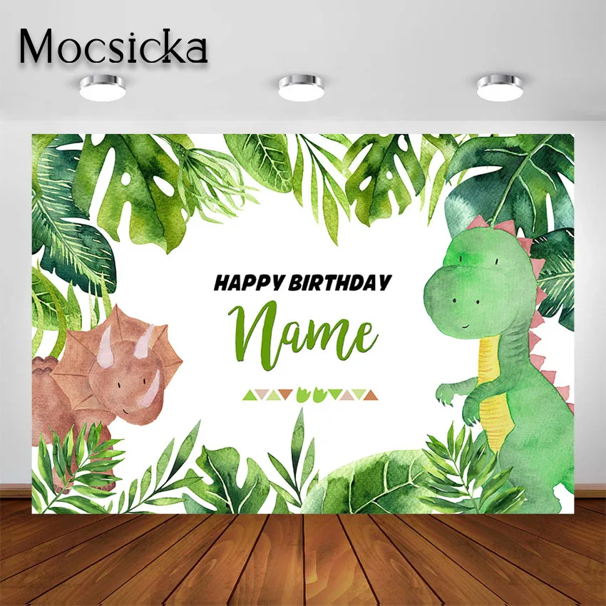 Dinosaur Backdrop for Birthday Party Photo Shoot Kids Birthday Decor Green Plant Cute Dinosaur Photography Background